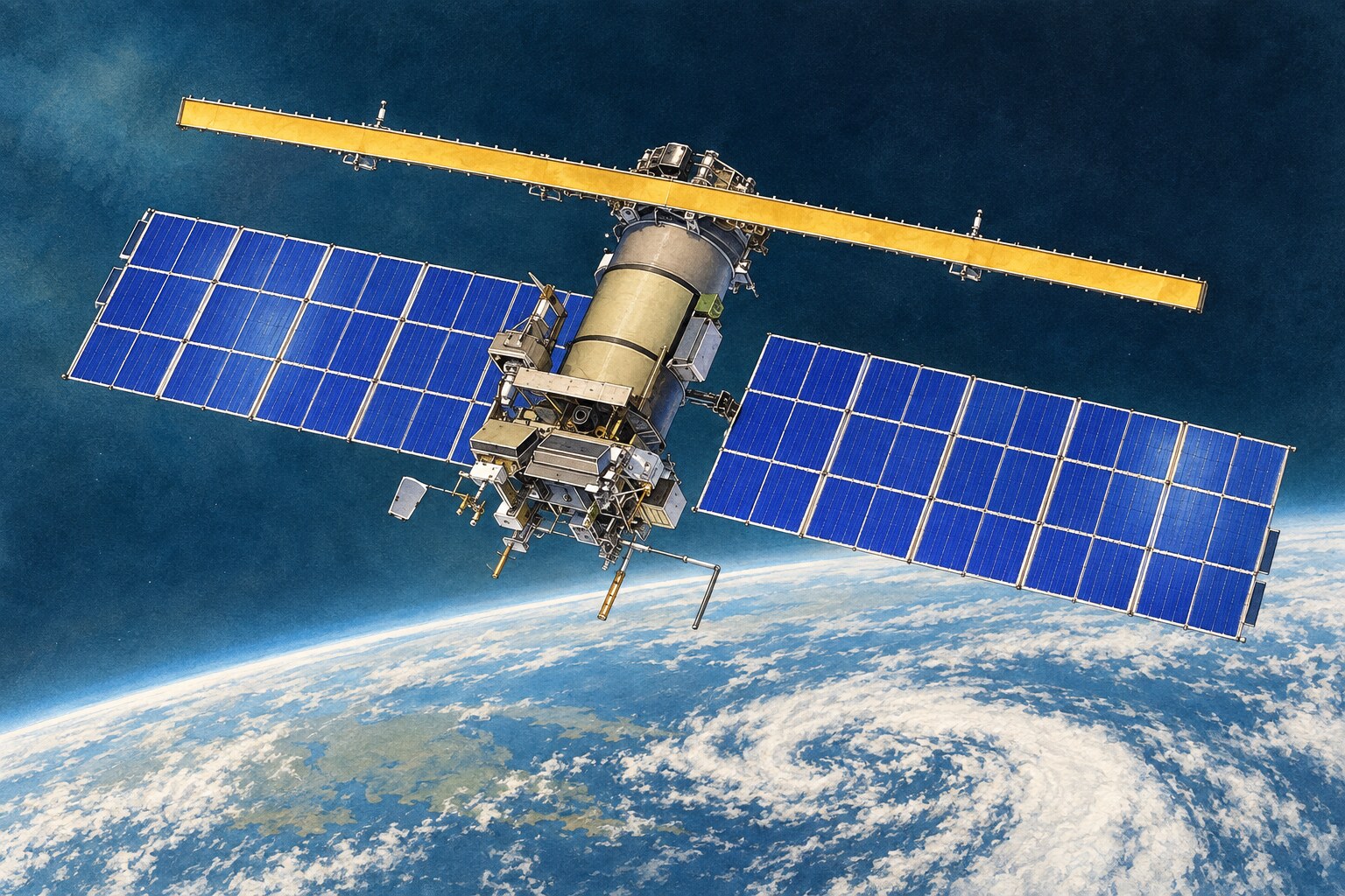 Editorial illustration of Meteor M2-4 in orbit, with its cylindrical body, twin solar panels and long upper boom above Earth