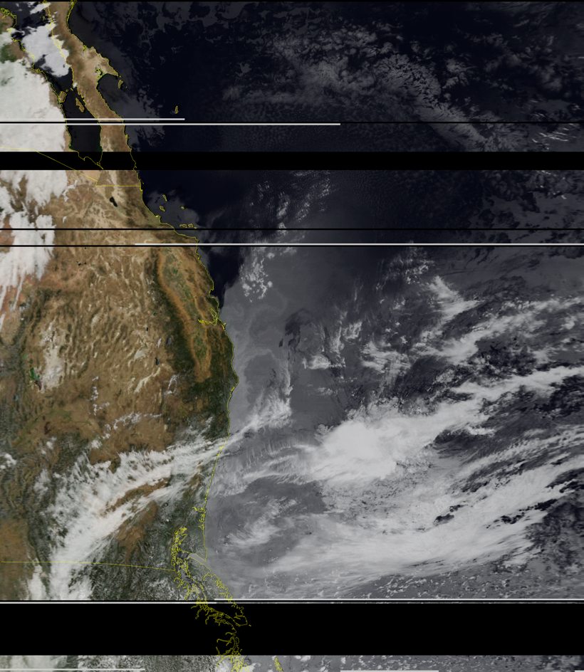 SatDump corrected map overlay of the received Meteor image over the Pacific and western North America, with missing reception gaps
